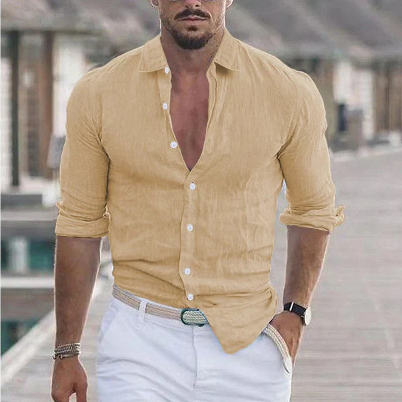 Camisa de lino para hombre con cuello camisero