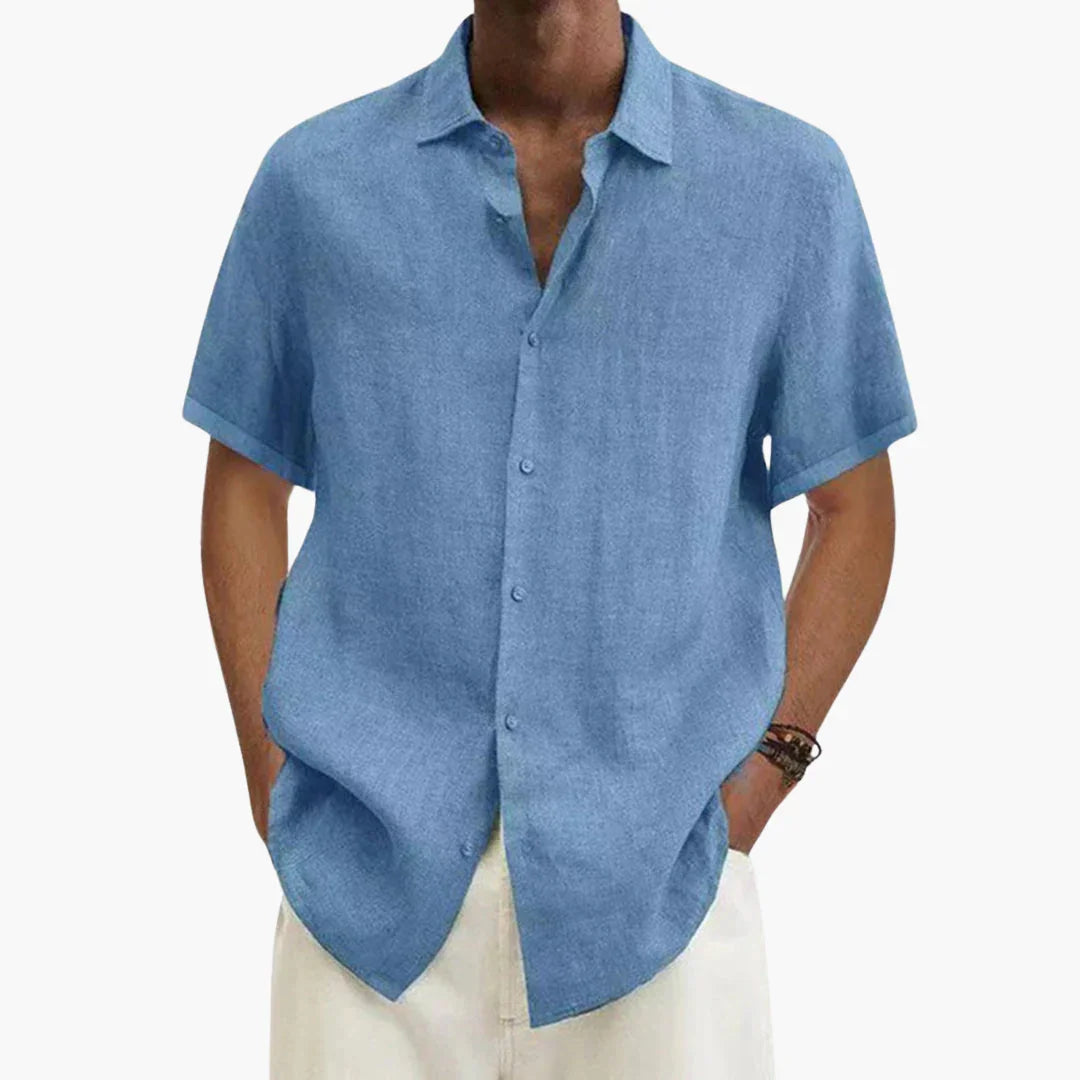 Camisa de lino para hombre de manga corta con cierre de botones para verano