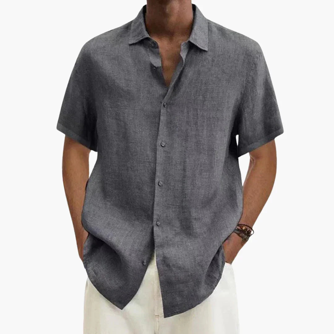 Camisa de lino para hombre de manga corta con cierre de botones para verano