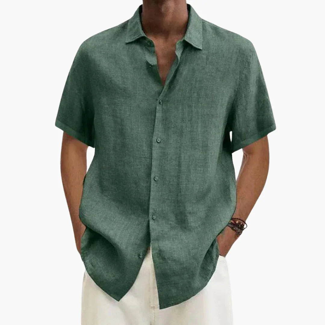 Camisa de lino para hombre de manga corta con cierre de botones para verano