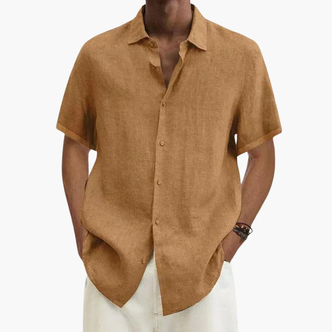 Camisa de lino para hombre de manga corta con cierre de botones para verano