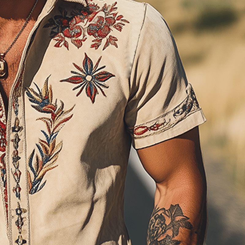 Camisa de manga corta bordada de estilo western retro