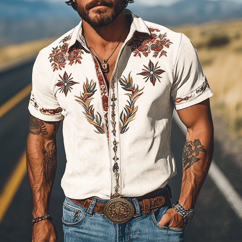 Camisa de manga corta bordada de estilo western retro