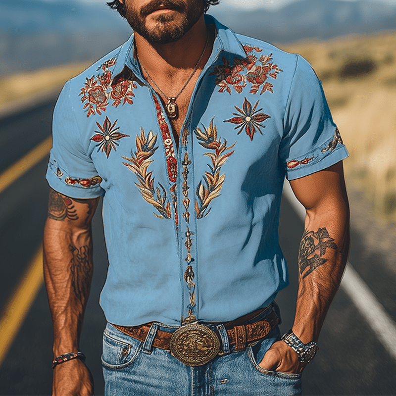 Camisa de manga corta bordada de estilo western retro