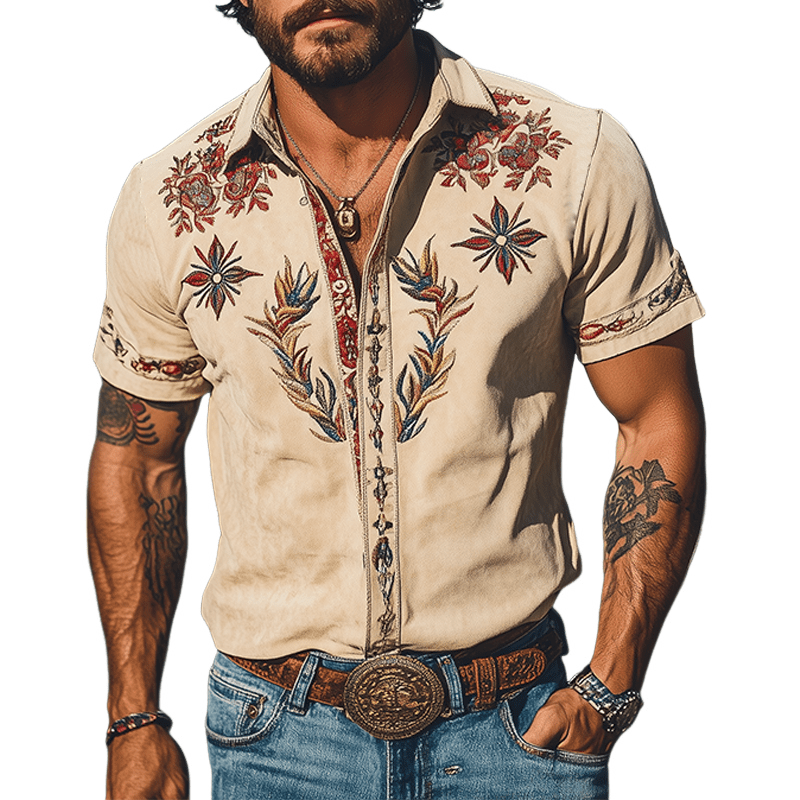 Camisa de manga corta bordada de estilo western retro