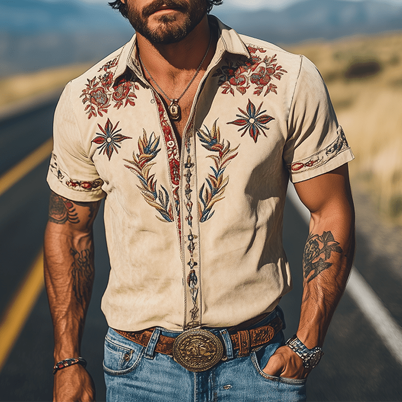 Camisa de manga corta bordada de estilo western retro