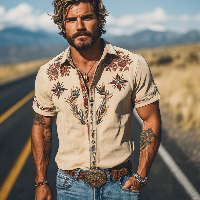 Camisa de manga corta bordada de estilo western retro