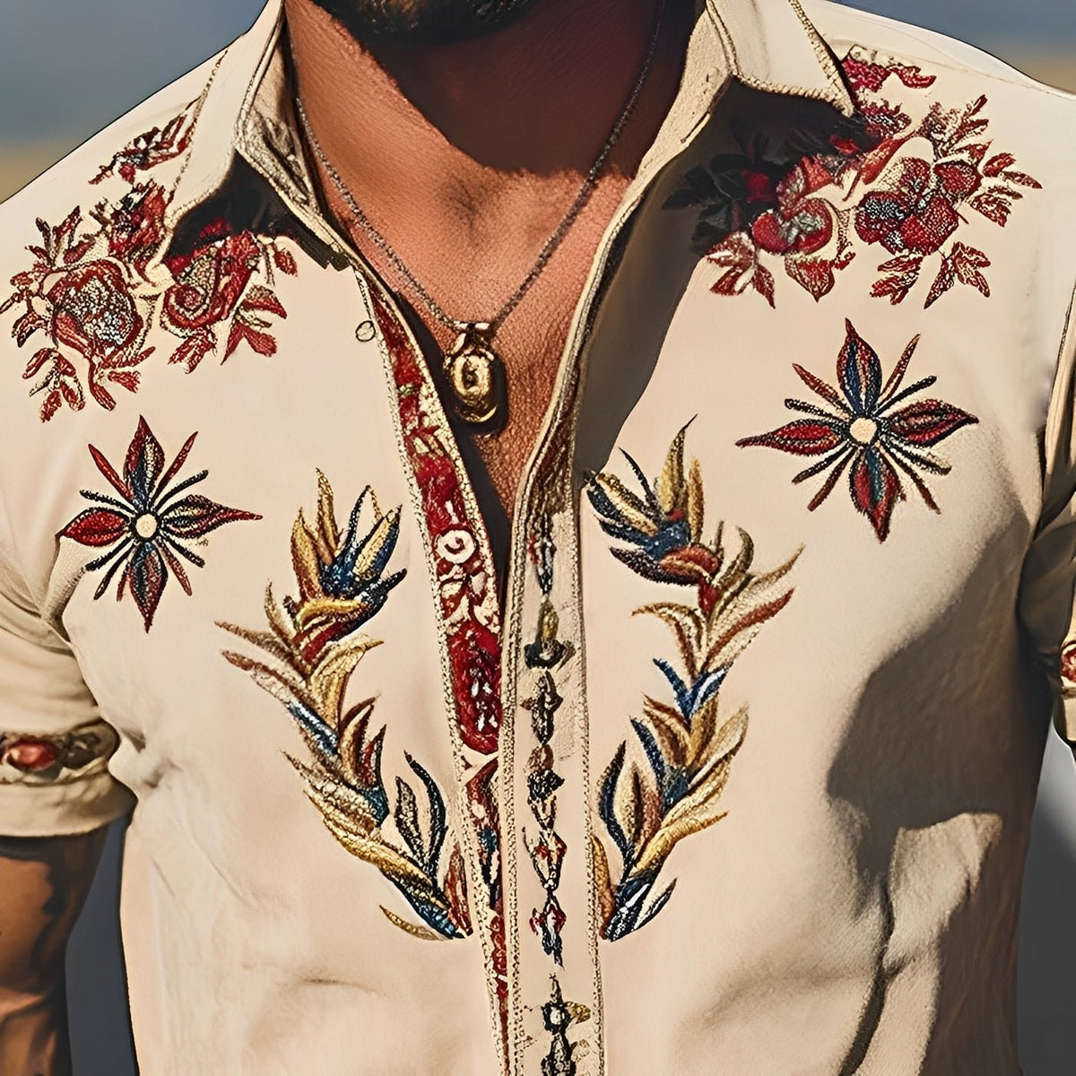 Camisa de manga corta bordada de estilo western retro
