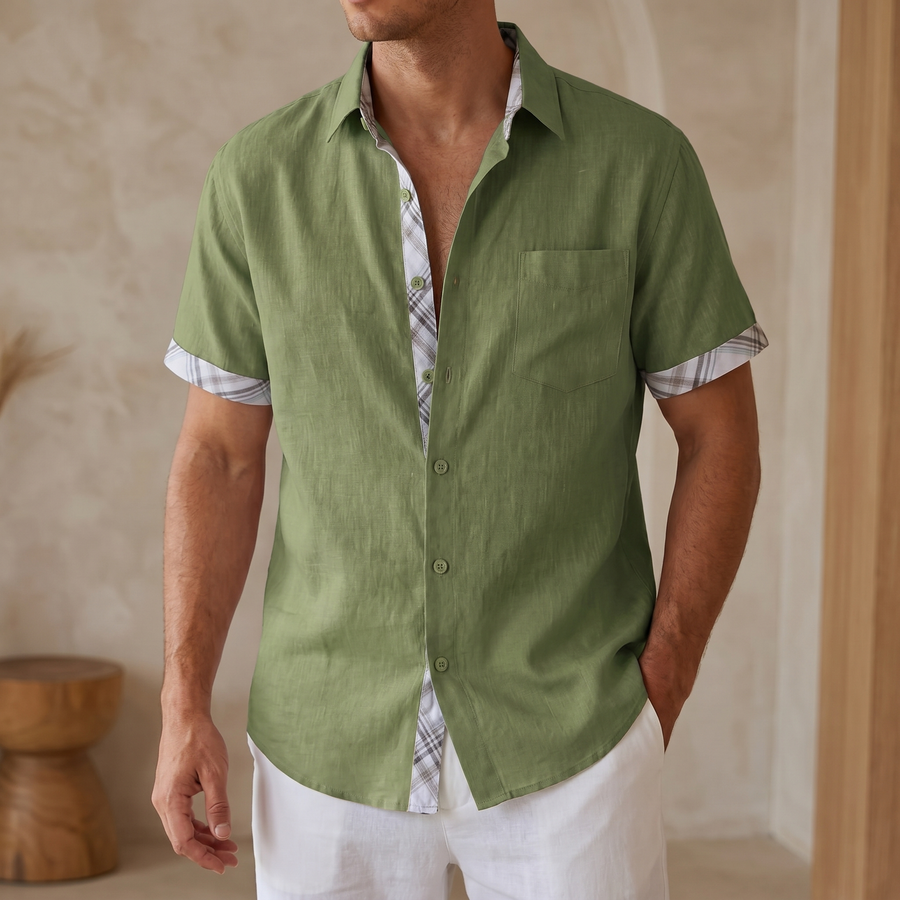 Camisa de manga corta de algodón para hombre con estampado de cuadros gráficos – Parte superior casual de verano