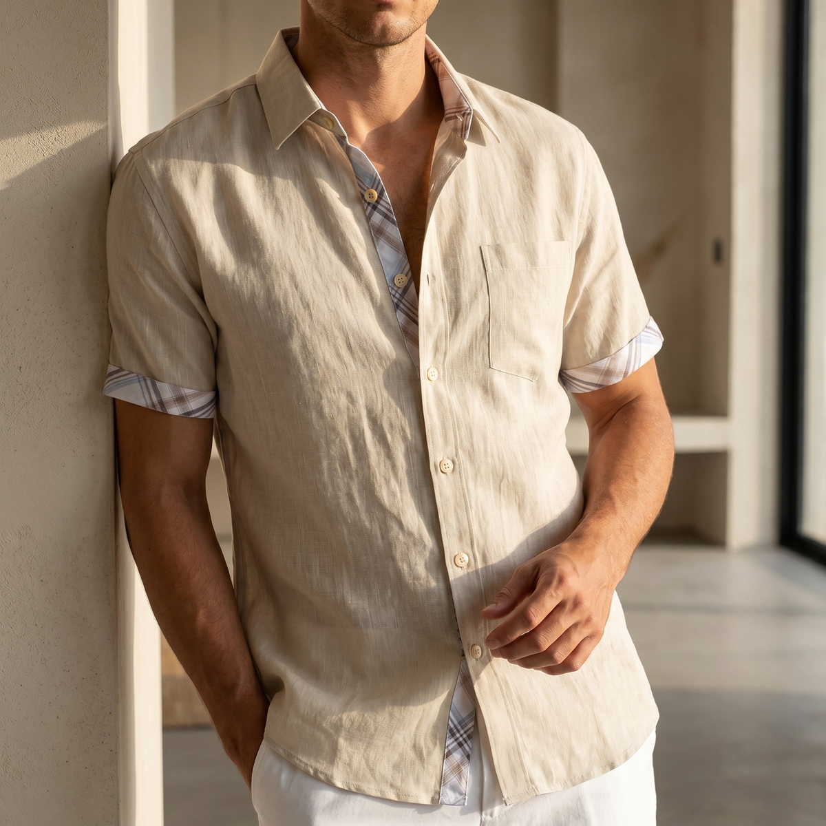Camisa de manga corta de algodón para hombre con estampado de cuadros gráficos – Parte superior casual de verano
