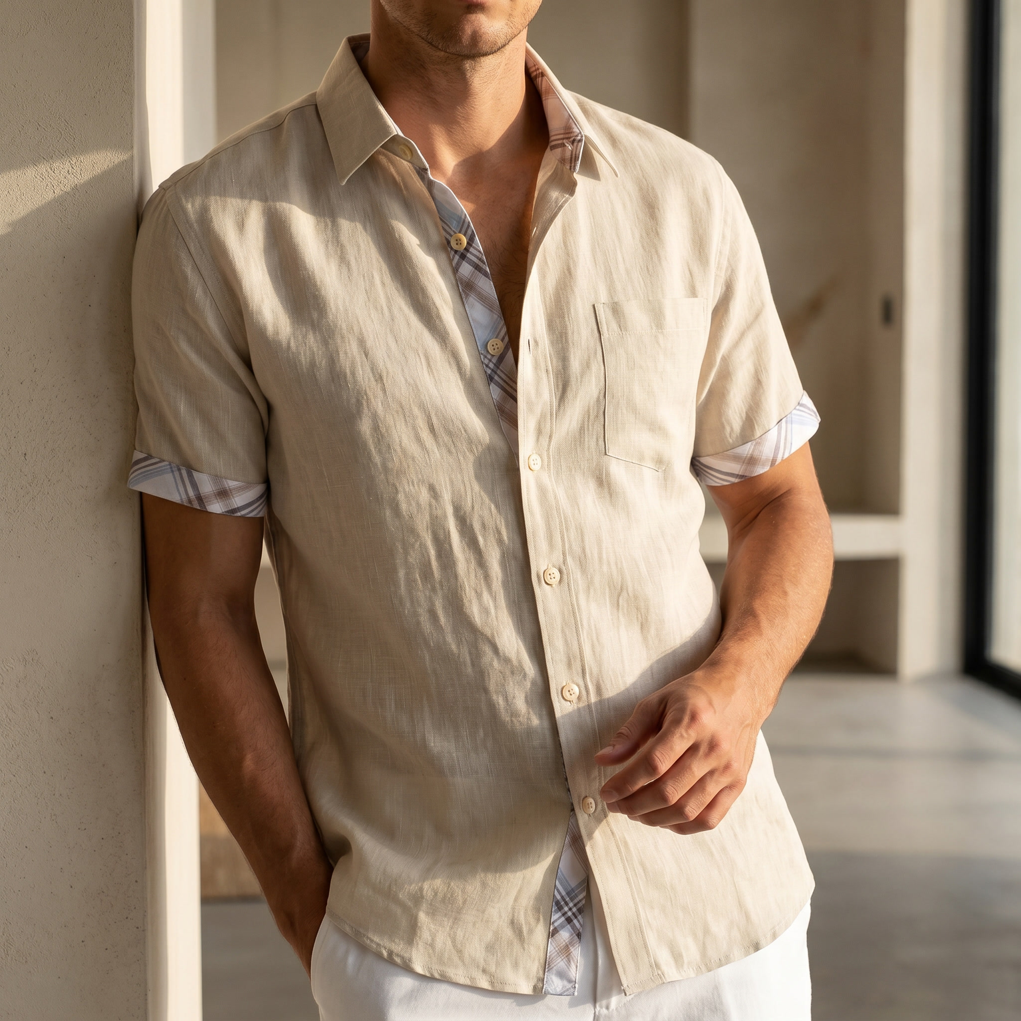 Camisa de manga corta de algodón para hombre con estampado de cuadros gráficos – Parte superior casual de verano