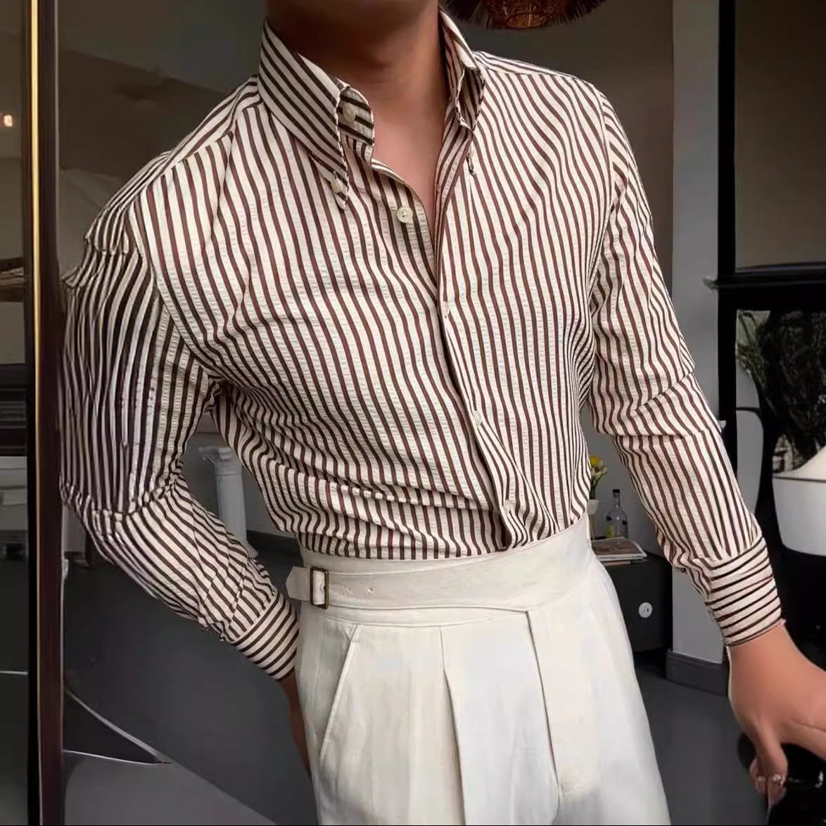 Camisa de manga larga a rayas para hombre con botones