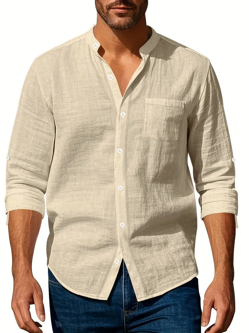 Camisa de manga larga para hombre con cuello Mao