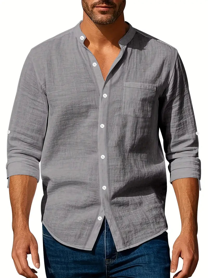 Camisa de manga larga para hombre con cuello Mao