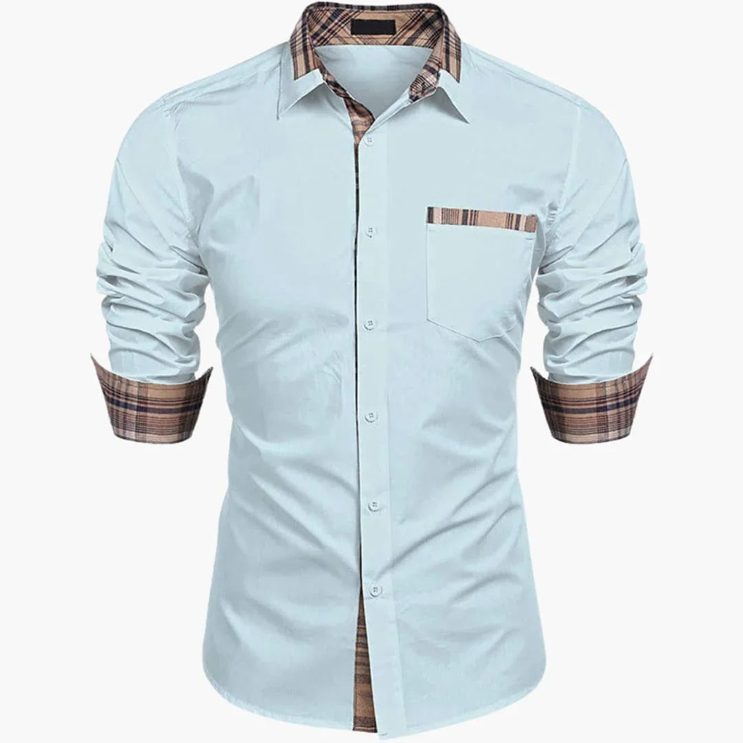 Camisa de manga larga para hombre con cuello y detalles a cuadros