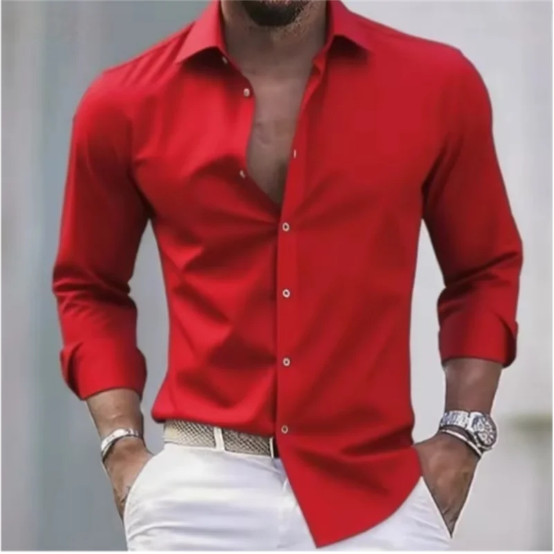 Camisa formal de manga larga para hombre, de color liso y corte slim fit con botones