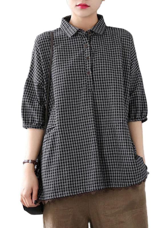 Camisa holgada de algodón y lino con encaje y estampado de cuadros