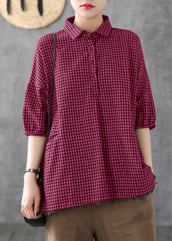 Camisa holgada de algodón y lino con encaje y estampado de cuadros
