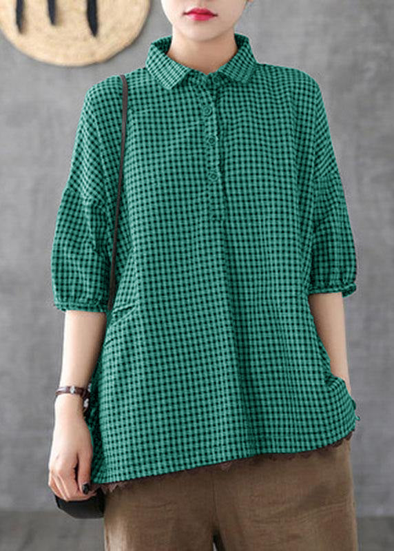 Camisa holgada de algodón y lino con encaje y estampado de cuadros