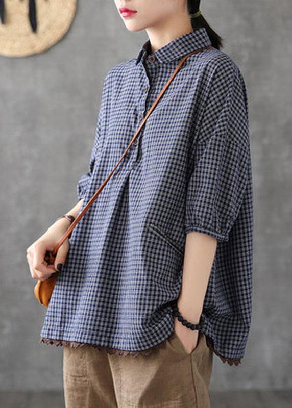 Camisa holgada de algodón y lino con encaje y estampado de cuadros