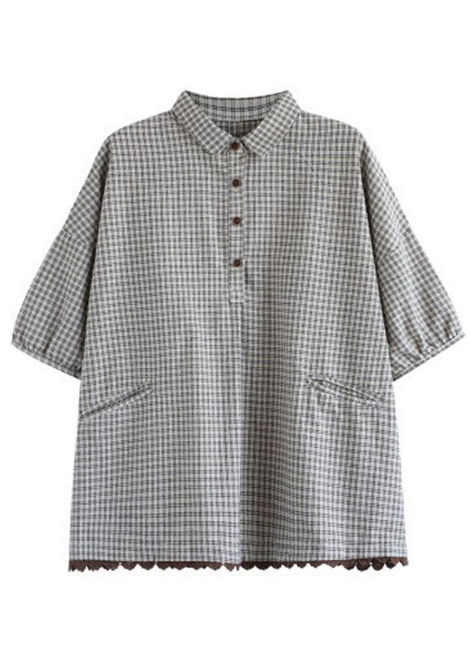 Camisa holgada de algodón y lino con encaje y estampado de cuadros