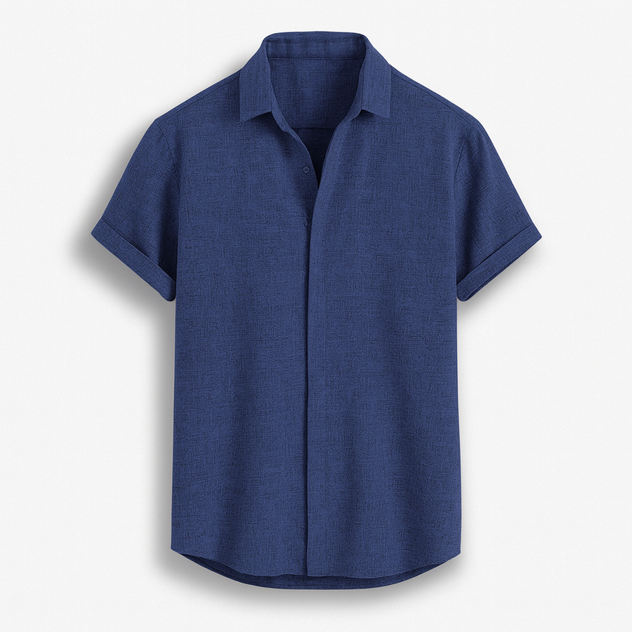 Camisa para Hombre de Manga Corta con Cierre de Botones en Mezcla Transpirable de Algodón y Lino - Corte Regular