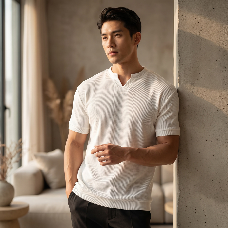 Camiseta para hombre en mezcla de algodón con cuello en V | Top de verano ligero y casual