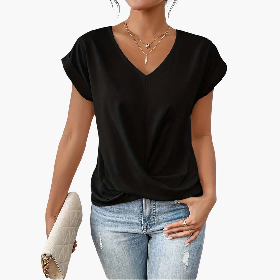 Camiseta para mujer con cuello en V y nudo cruzado en la parte delantera