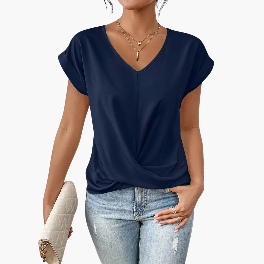 Camiseta para mujer con cuello en V y nudo cruzado en la parte delantera