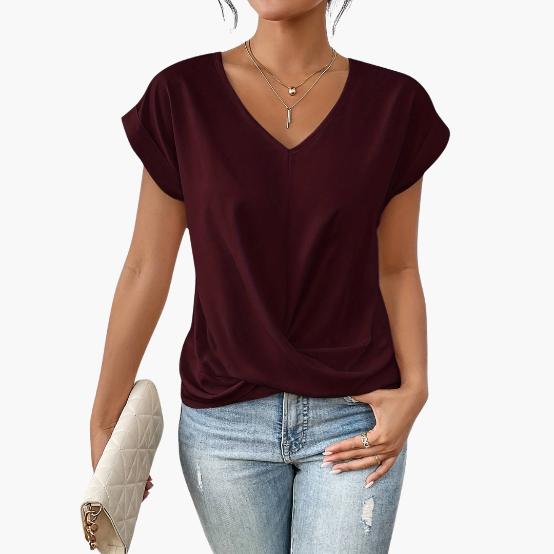 Camiseta para mujer con cuello en V y nudo cruzado en la parte delantera