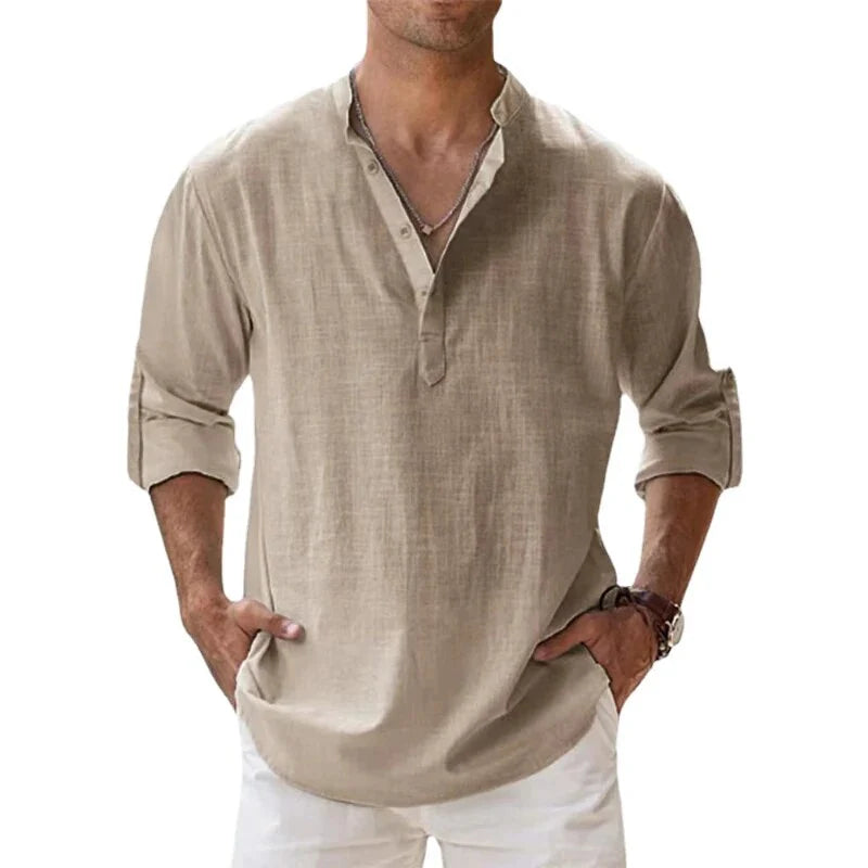 Camiseta Polo Clásica de Manga Larga con Cuello Chino para Hombre