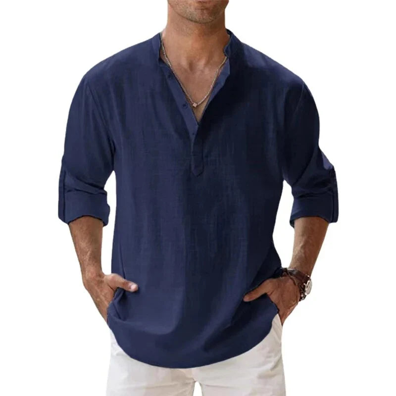 Camiseta Polo Clásica de Manga Larga con Cuello Chino para Hombre