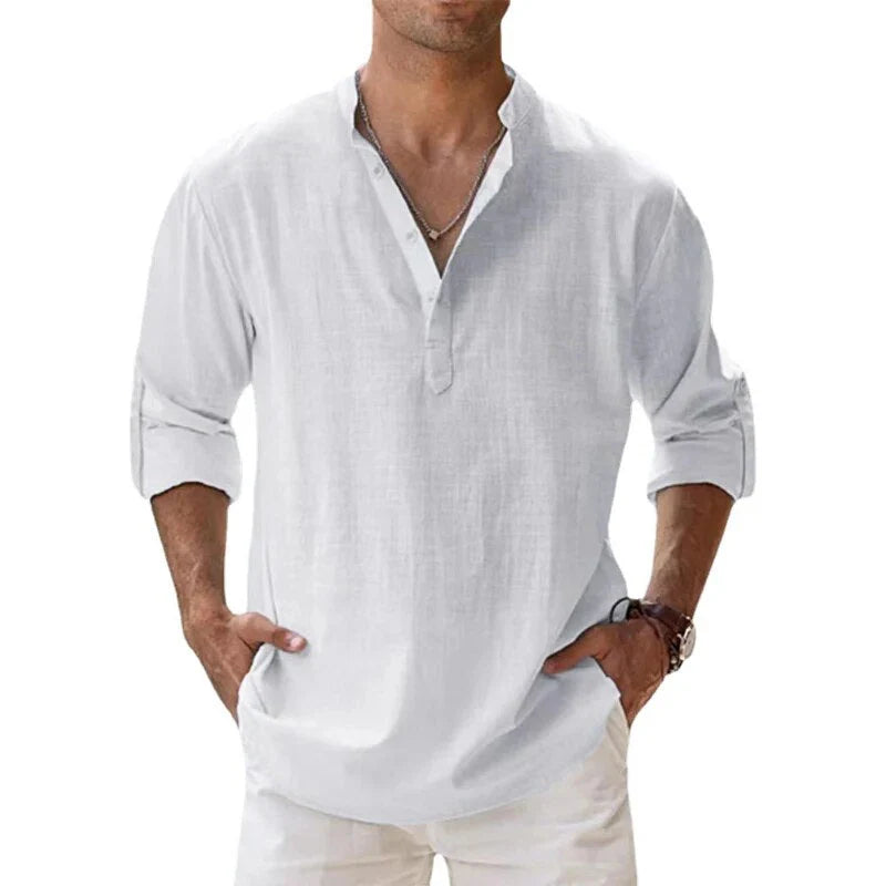 Camiseta Polo Clásica de Manga Larga con Cuello Chino para Hombre