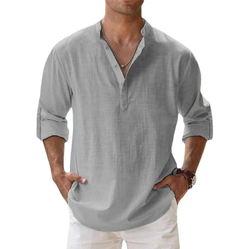 Camiseta Polo Clásica de Manga Larga con Cuello Chino para Hombre