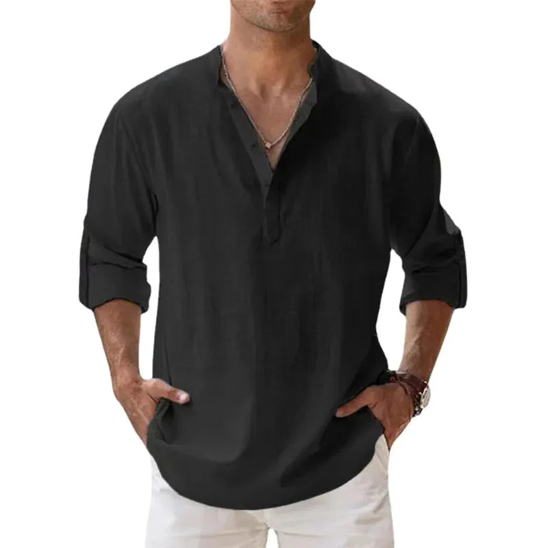 Camiseta Polo Clásica de Manga Larga con Cuello Chino para Hombre