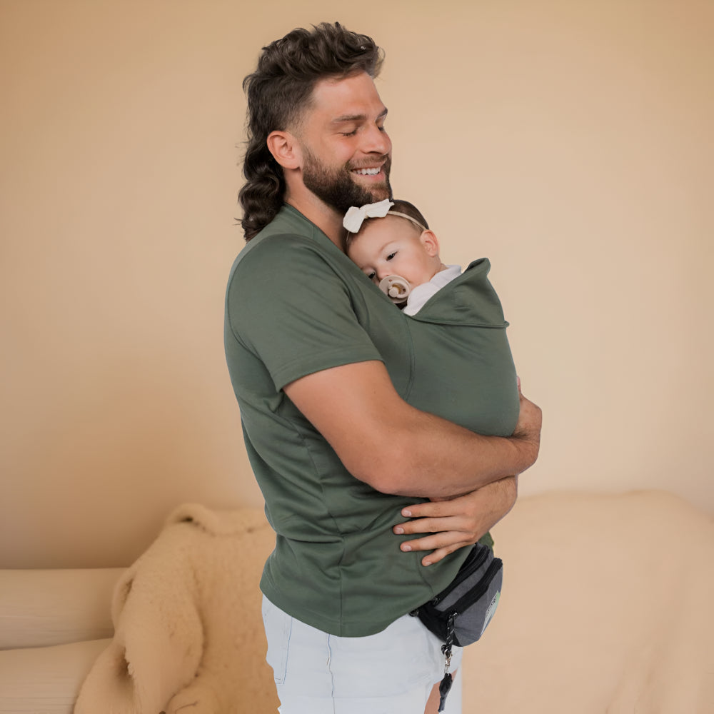Camiseta portabebés tipo fular para transporte con manos libres