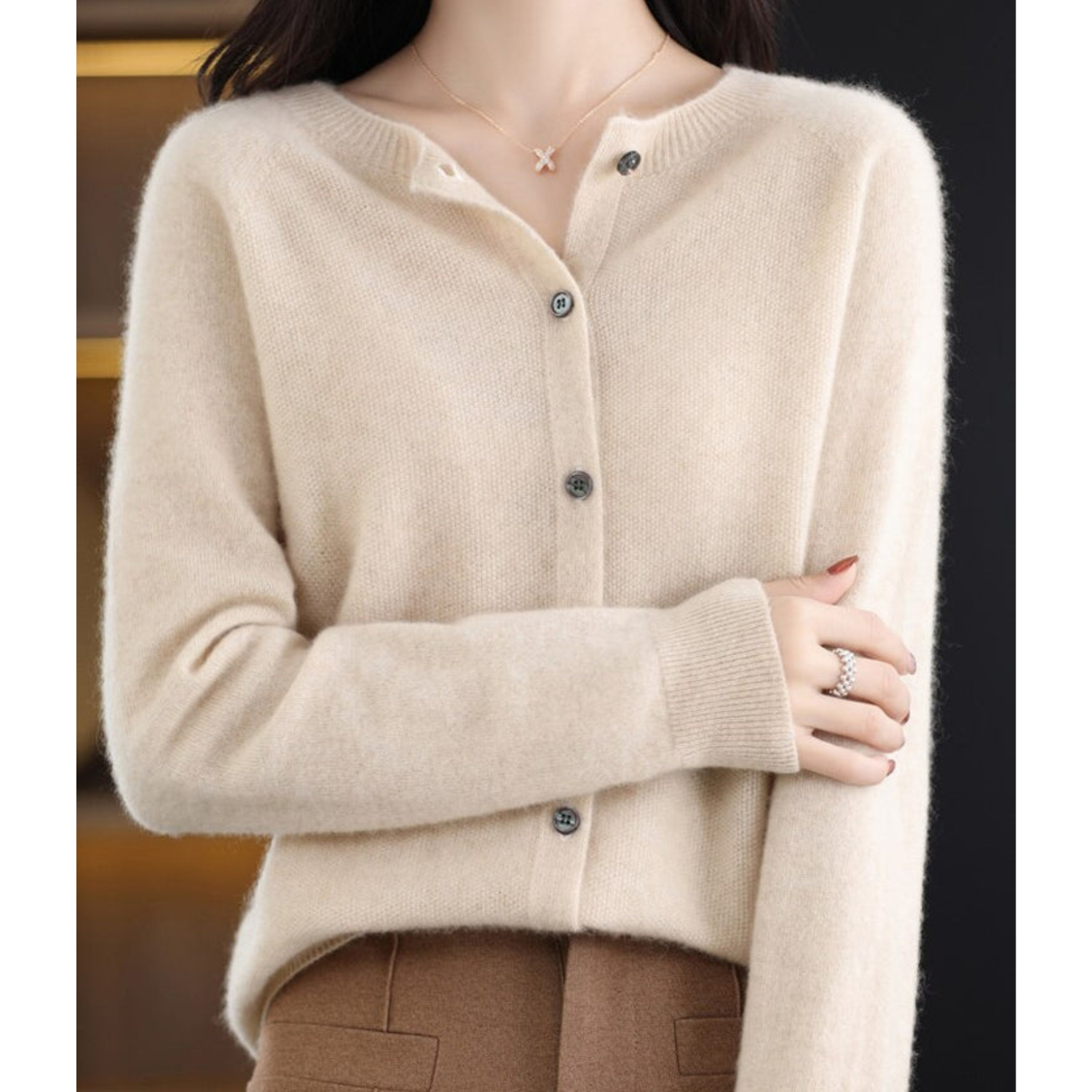 Cárdigan de lana para mujer con cuello redondo - Jersey de punto blanco
