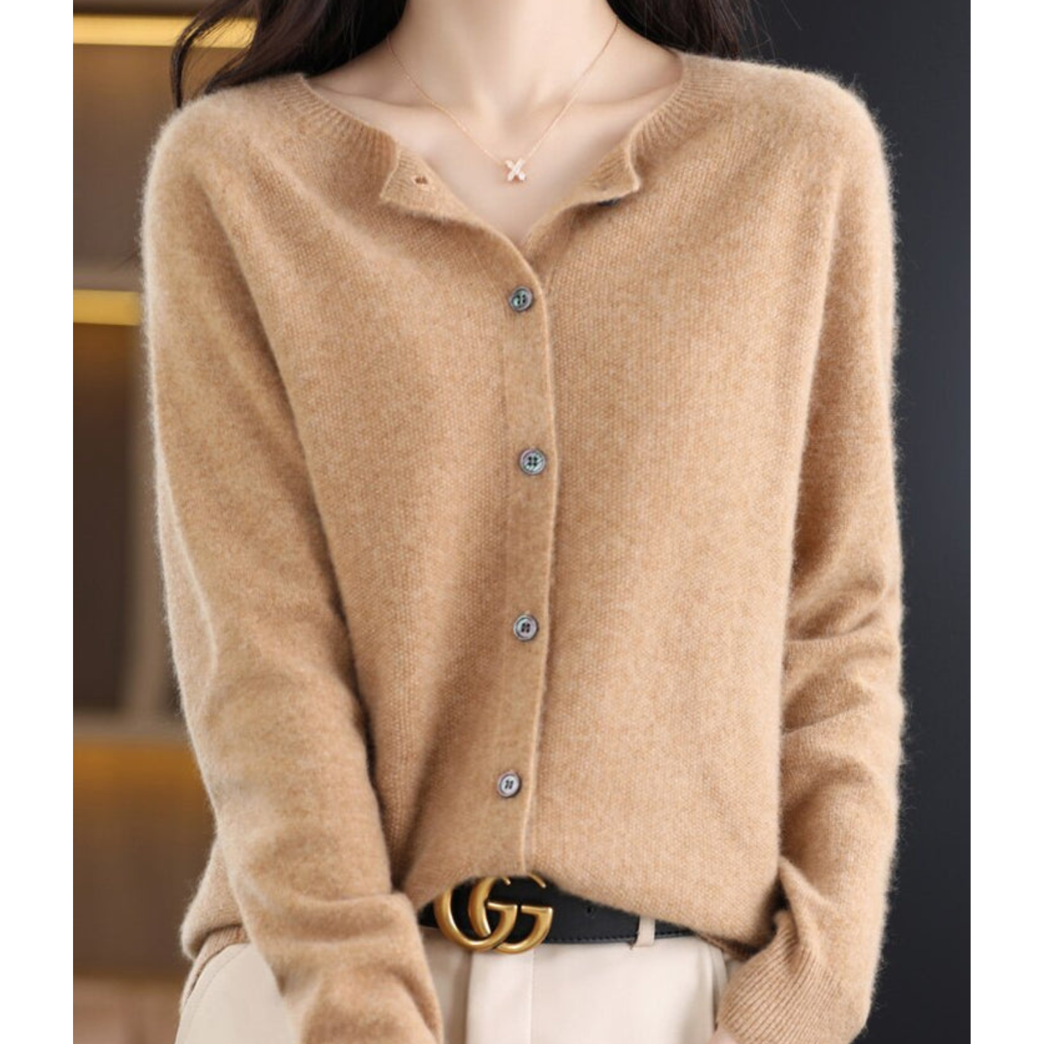 Cárdigan de lana para mujer con cuello redondo - Jersey de punto blanco