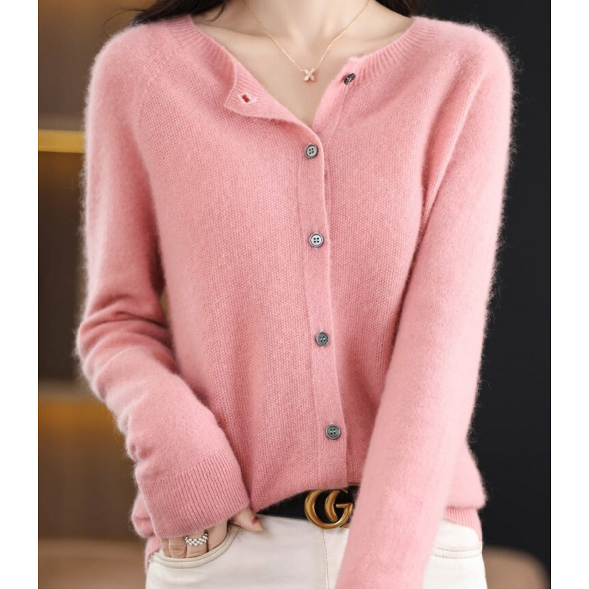 Cárdigan de lana para mujer con cuello redondo - Jersey de punto blanco