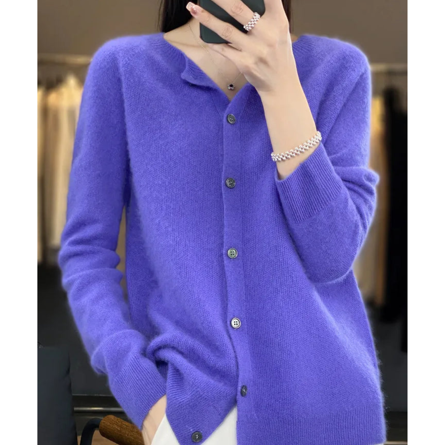 Cárdigan de lana para mujer con cuello redondo - Jersey de punto blanco