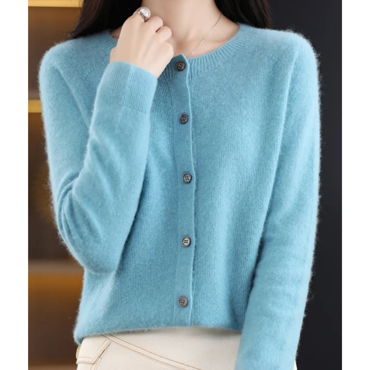 Cárdigan de lana para mujer con cuello redondo - Jersey de punto blanco