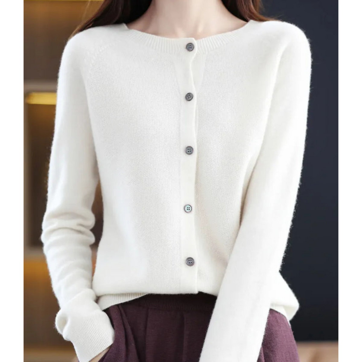 Cárdigan de lana para mujer con cuello redondo - Jersey de punto blanco
