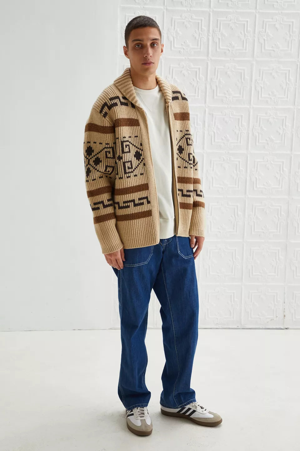 Cárdigan de punto jacquard estilo vintage para hombre