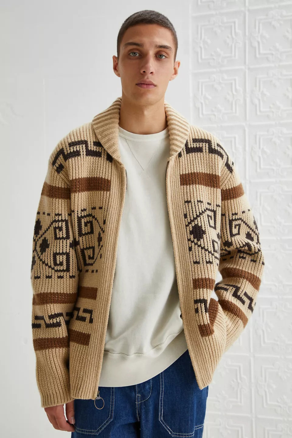 Cárdigan de punto jacquard estilo vintage para hombre