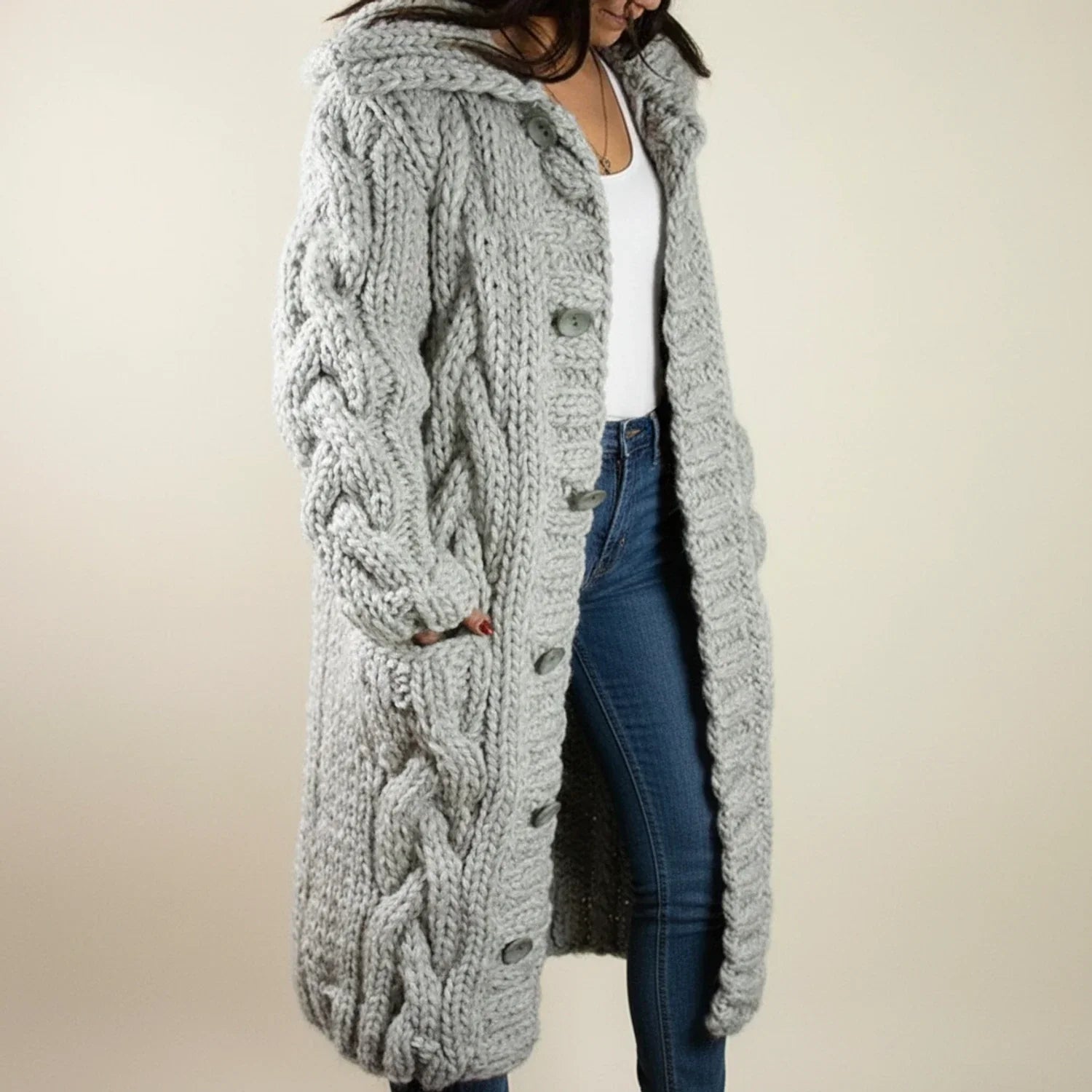 Cárdigan largo de invierno con capucha para mujer