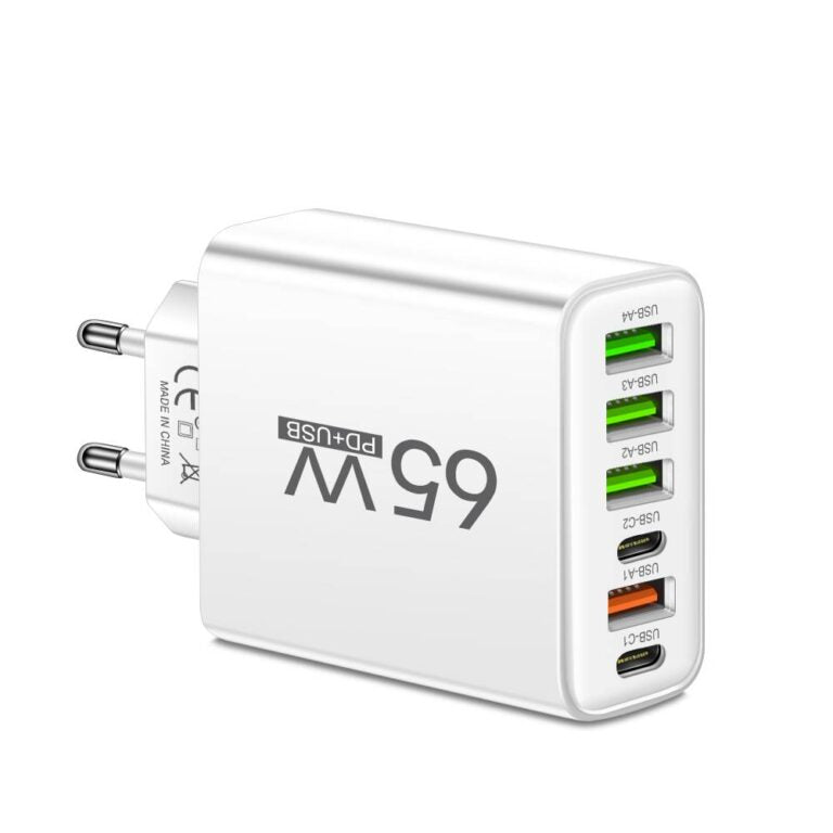 Cargador USB de 65 W con seis puertos para oficina, hogar y viajes