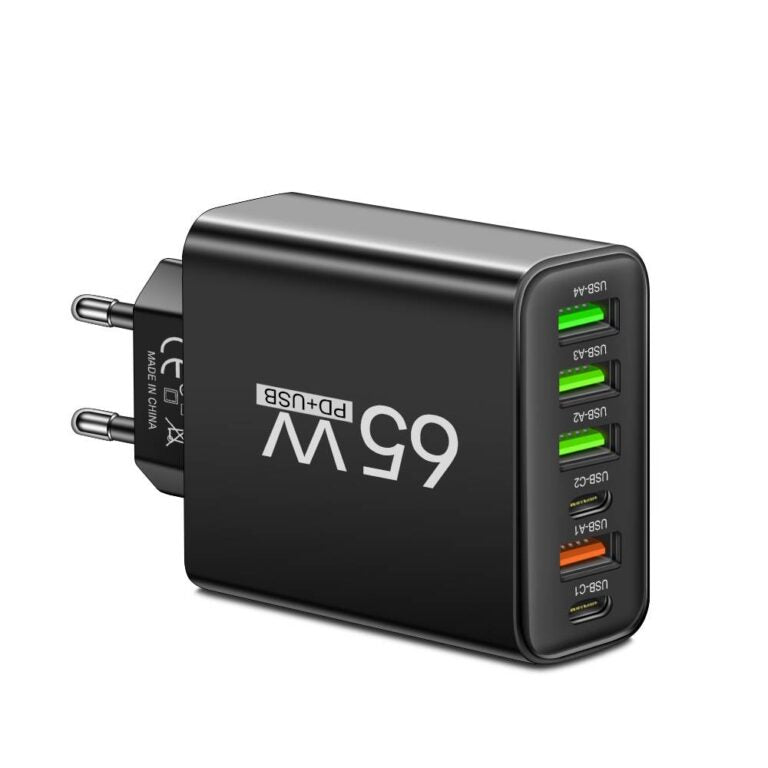 Cargador USB de 65 W con seis puertos para oficina, hogar y viajes