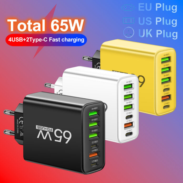 Cargador USB de 65 W con seis puertos para oficina, hogar y viajes