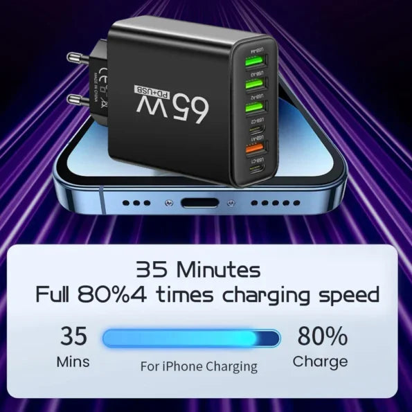 Cargador USB de 65 W con seis puertos para oficina, hogar y viajes