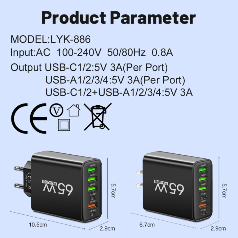 Cargador USB de 65 W con seis puertos para oficina, hogar y viajes